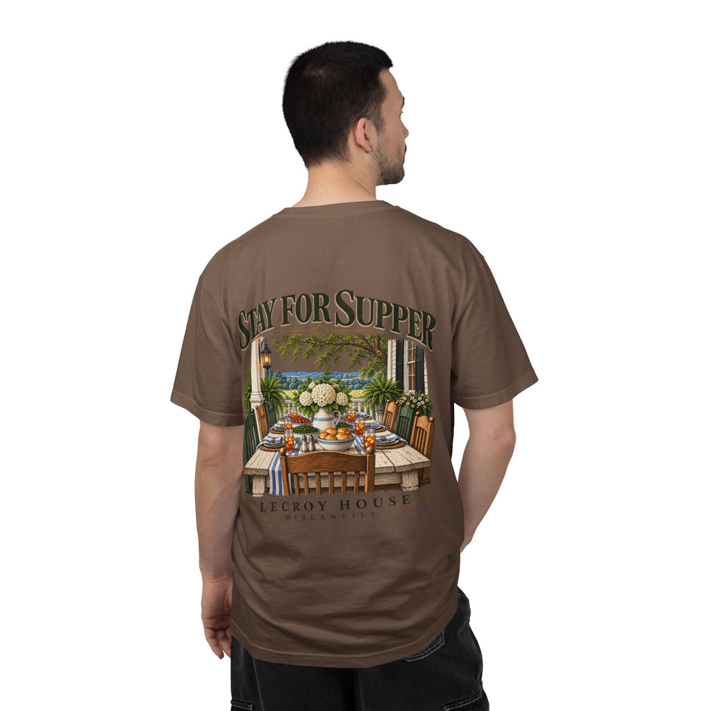 T-Shirt — "Stay For Supper" Scenic Dinner Porch Graphic