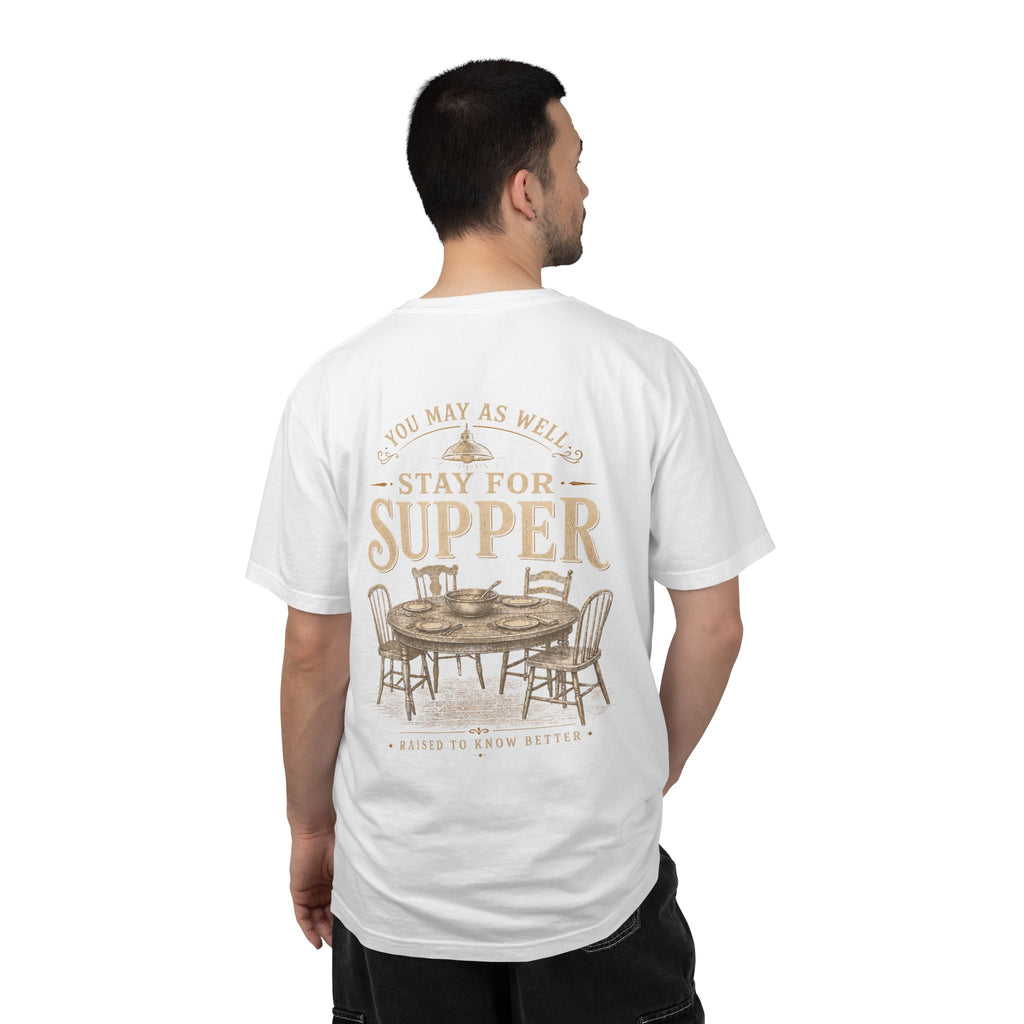 Stay for Supper T-Shirt — Rustic Farmhouse Dinner Graphic Tee
