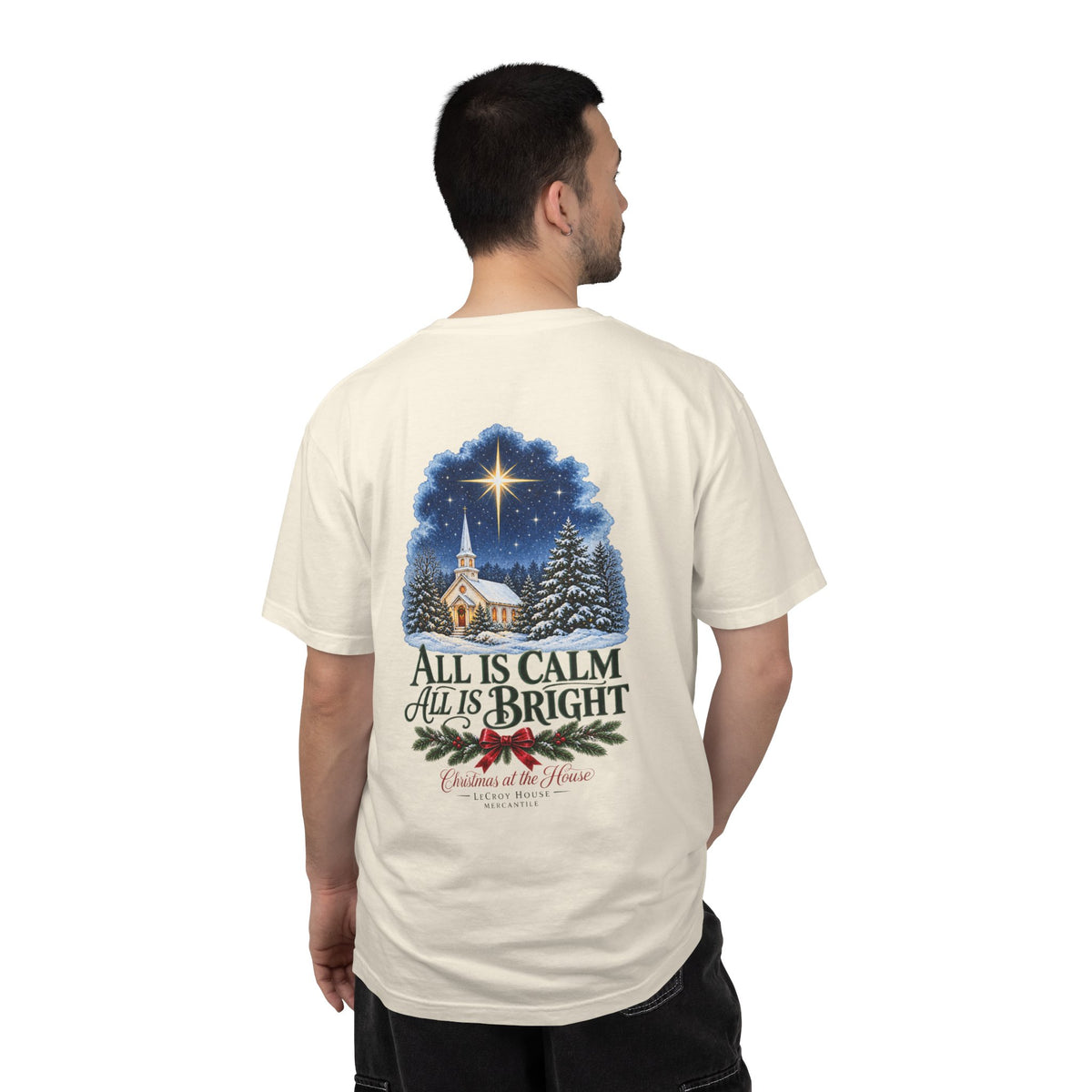 Christmas T-Shirt — "All Is Calm, All Is Bright" Church Scene Holiday Tee