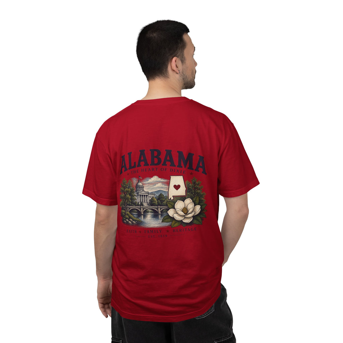 Alabama Heritage T-Shirt — State Scenic Back Print with Magnolia & Capitol