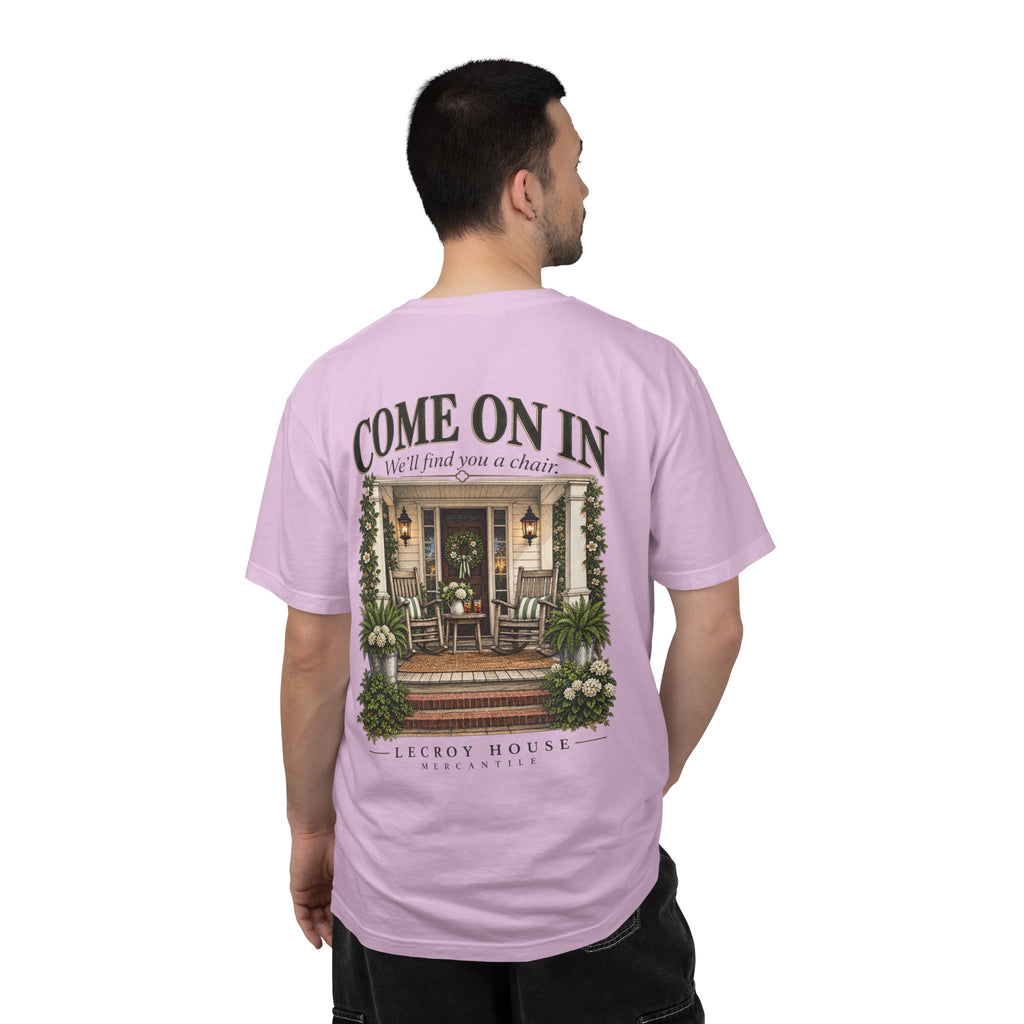 Come On In Porch T-Shirt — "Come On In, We'll Find You a Chair" Relaxed Front-Pocket Tee