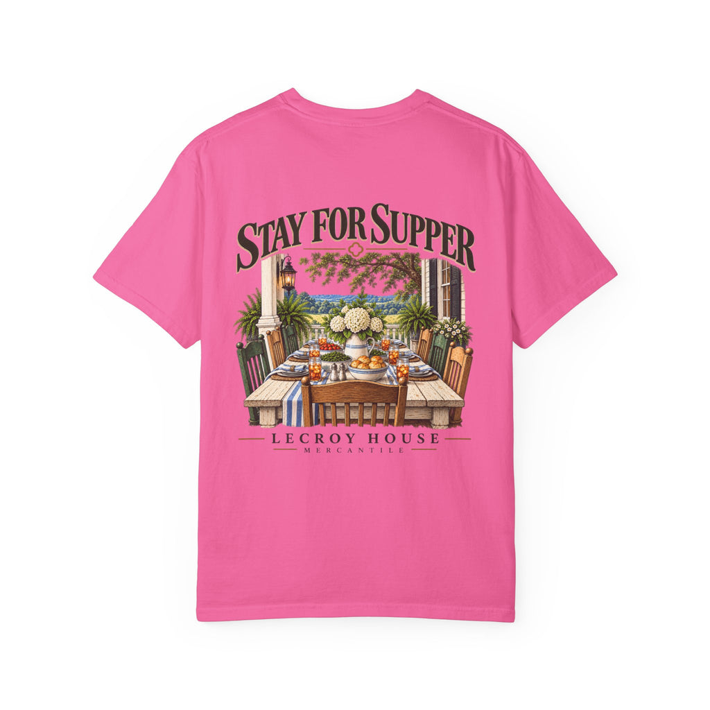 T-Shirt — "Stay For Supper" Scenic Dinner Porch Graphic