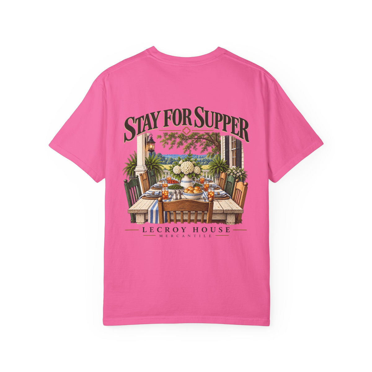 T-Shirt — "Stay For Supper" Scenic Dinner Porch Graphic