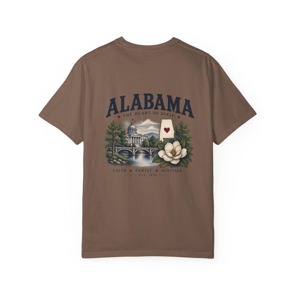 Alabama Heritage T-Shirt — State Scenic Back Print with Magnolia & Capitol
