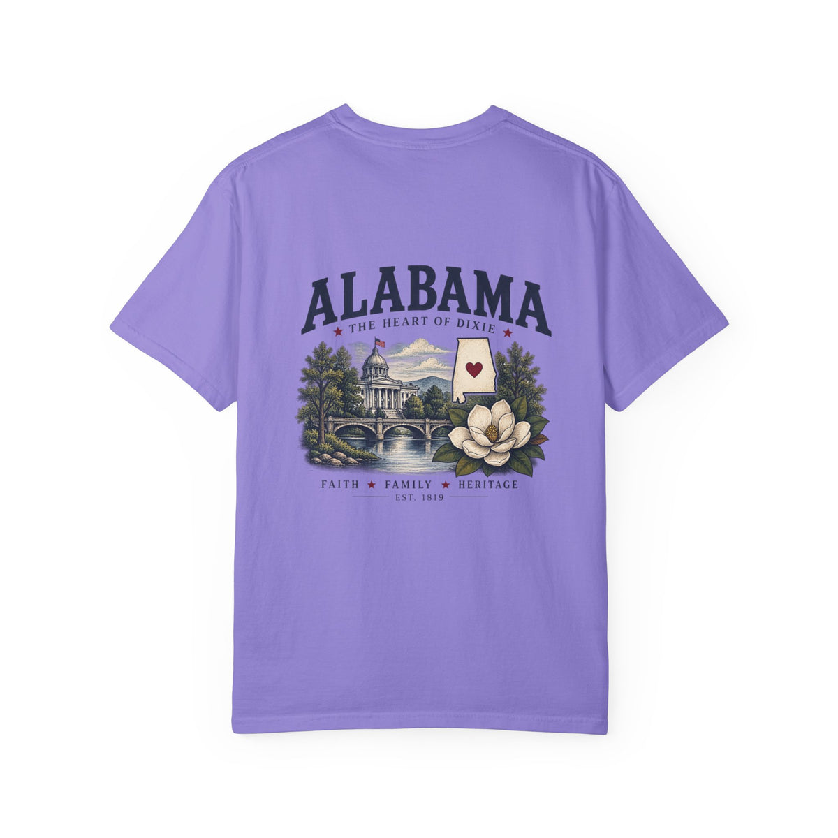 Alabama Heritage T-Shirt — State Scenic Back Print with Magnolia & Capitol