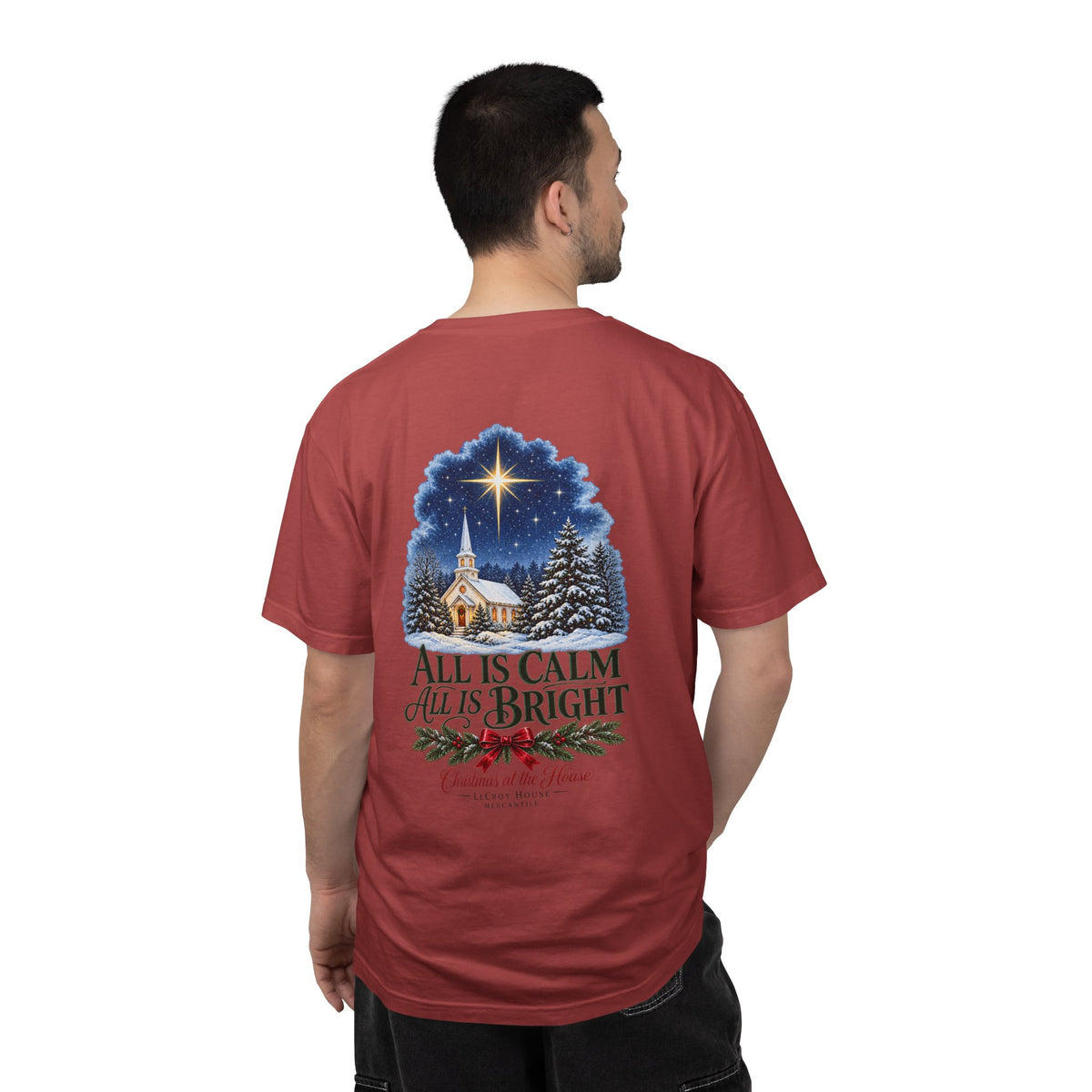 Christmas T-Shirt — "All Is Calm, All Is Bright" Church Scene Holiday Tee