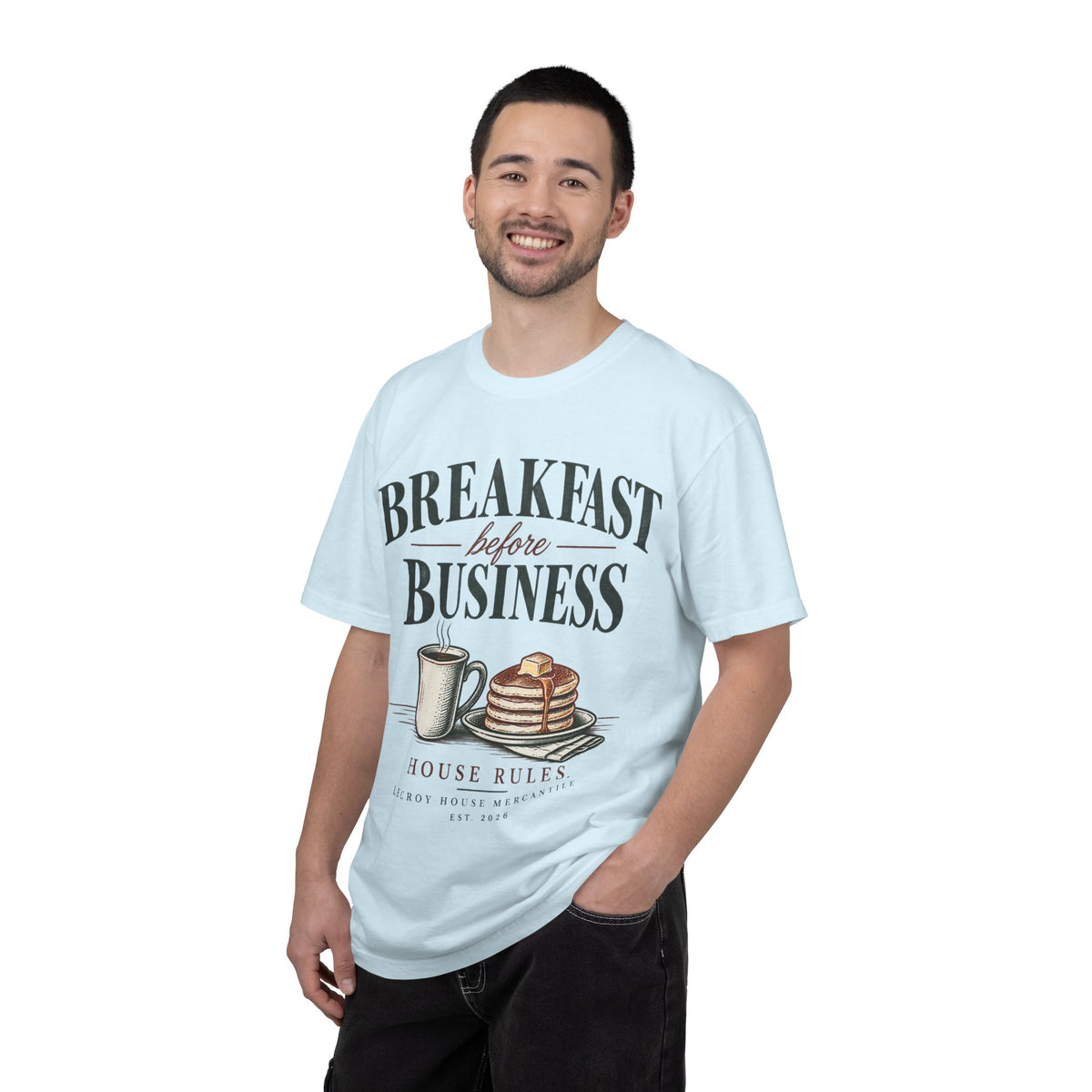 Breakfast Before Business T-Shirt — Coffee & Pancake Morning Graphic Tee
