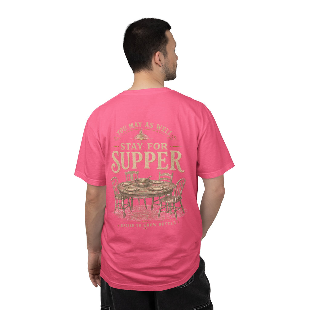 Stay for Supper T-Shirt — Rustic Farmhouse Dinner Graphic Tee