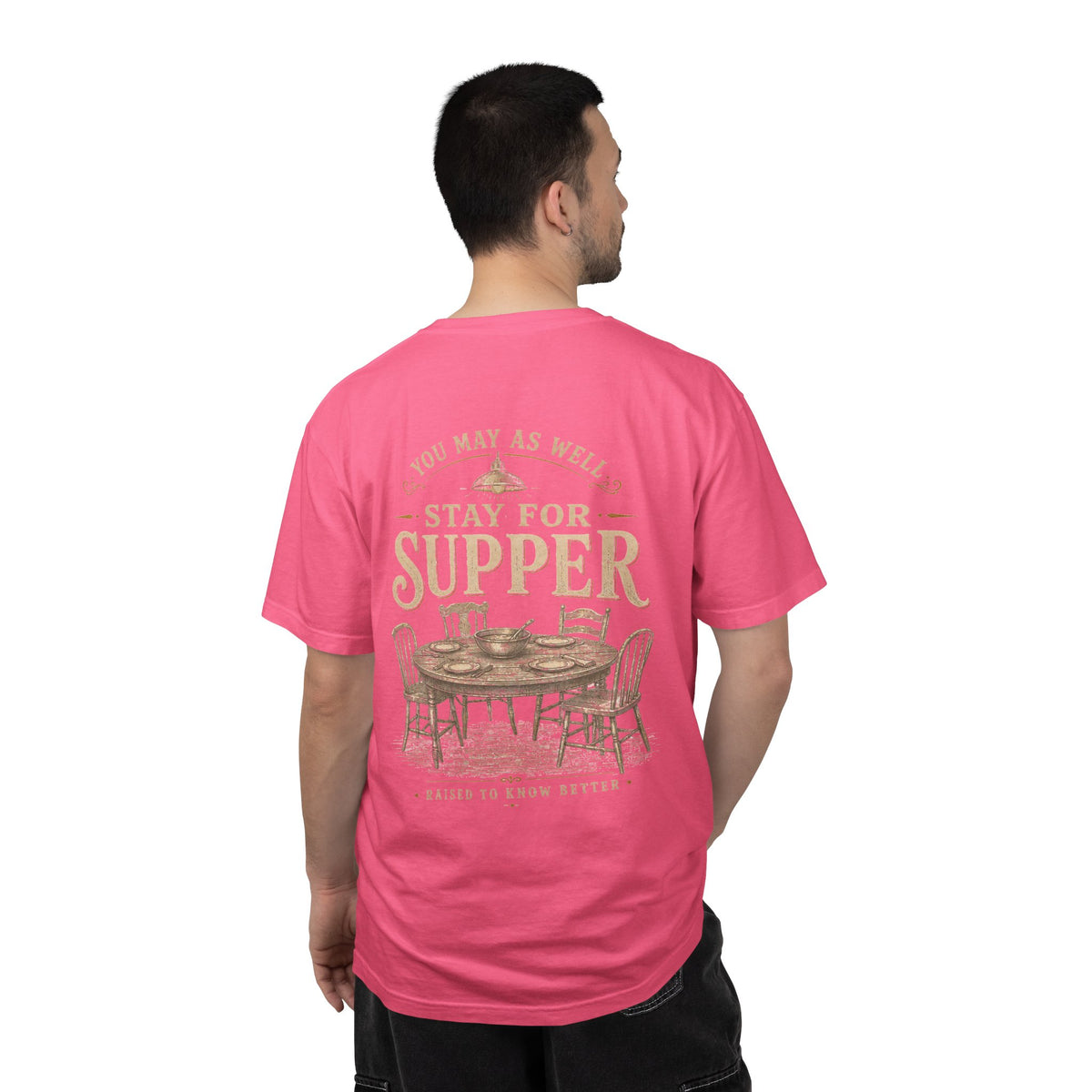 Stay for Supper T-Shirt — Rustic Farmhouse Dinner Graphic Tee