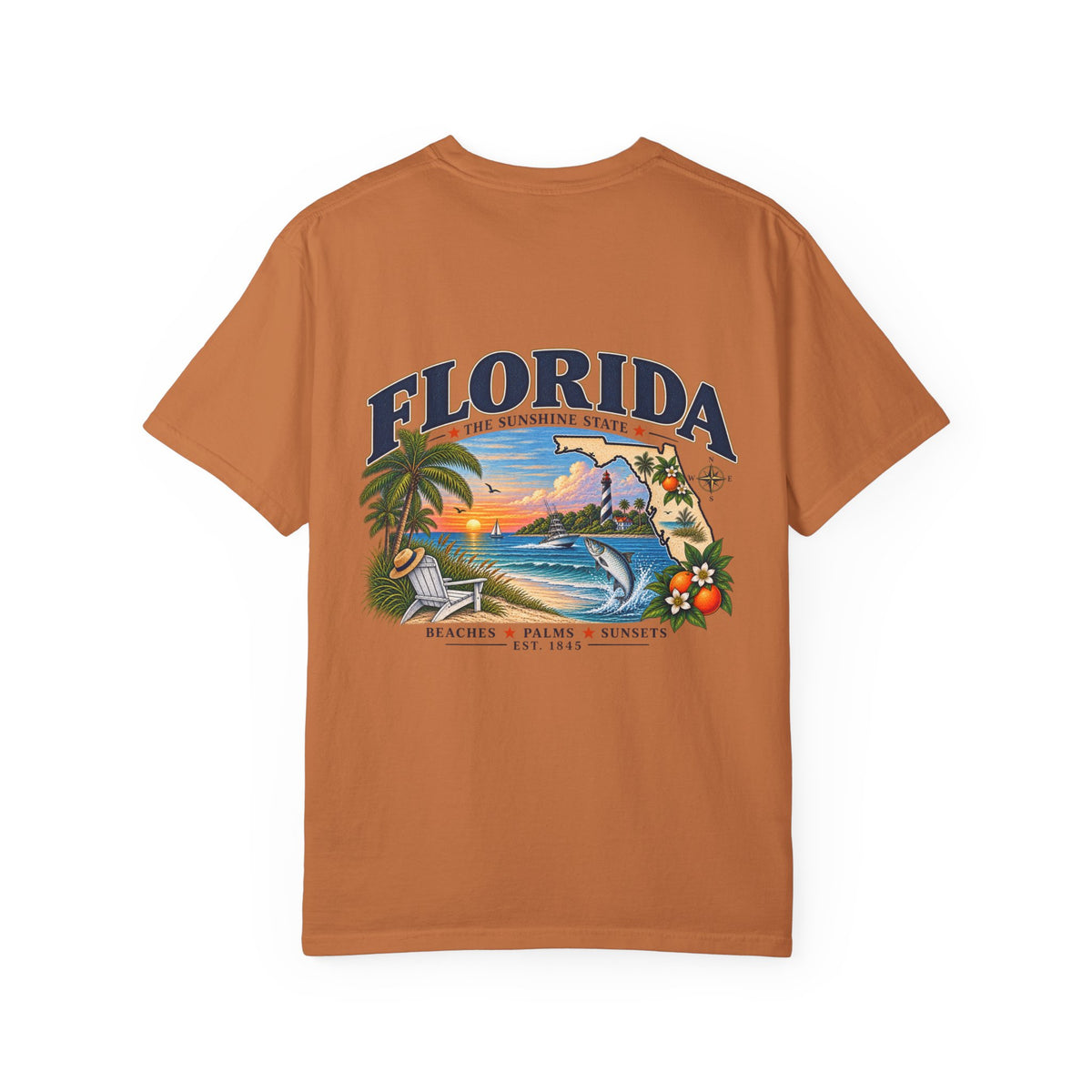 Florida Vintage Beach T-Shirt — Retro Sunset Palm & Orange Graphic