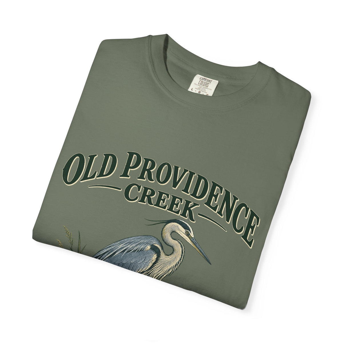 Old Providence Creek Heron T-Shirt — "Slow Down. Stay Awhile." Coastal Nature Tee