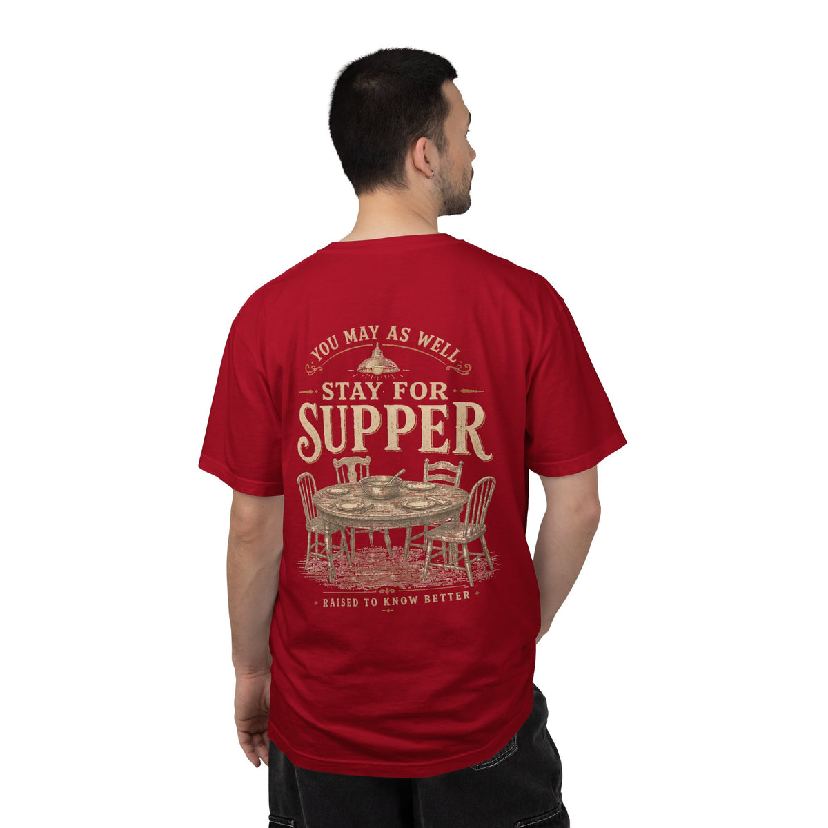 Stay for Supper T-Shirt — Rustic Farmhouse Dinner Graphic Tee