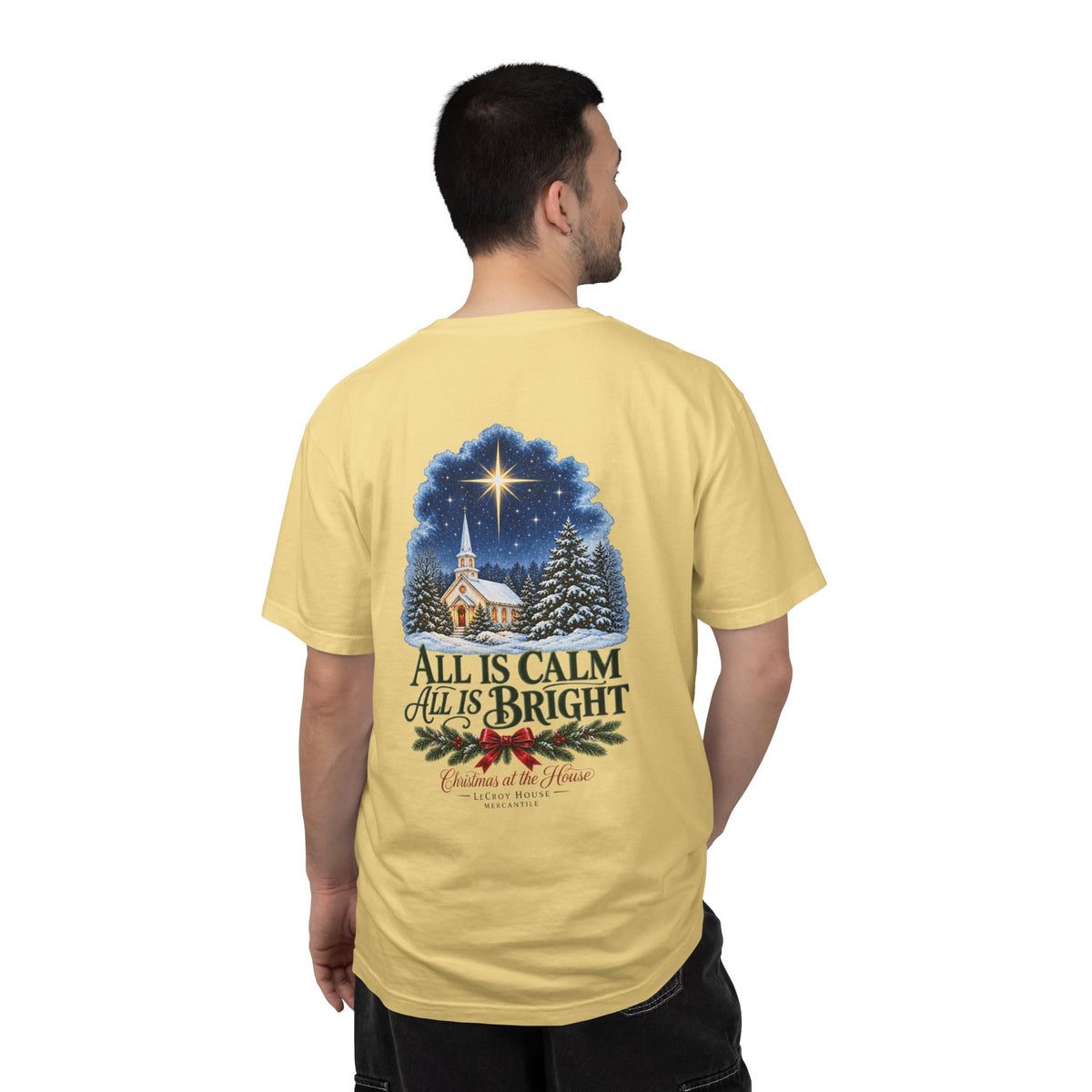 Christmas T-Shirt — "All Is Calm, All Is Bright" Church Scene Holiday Tee