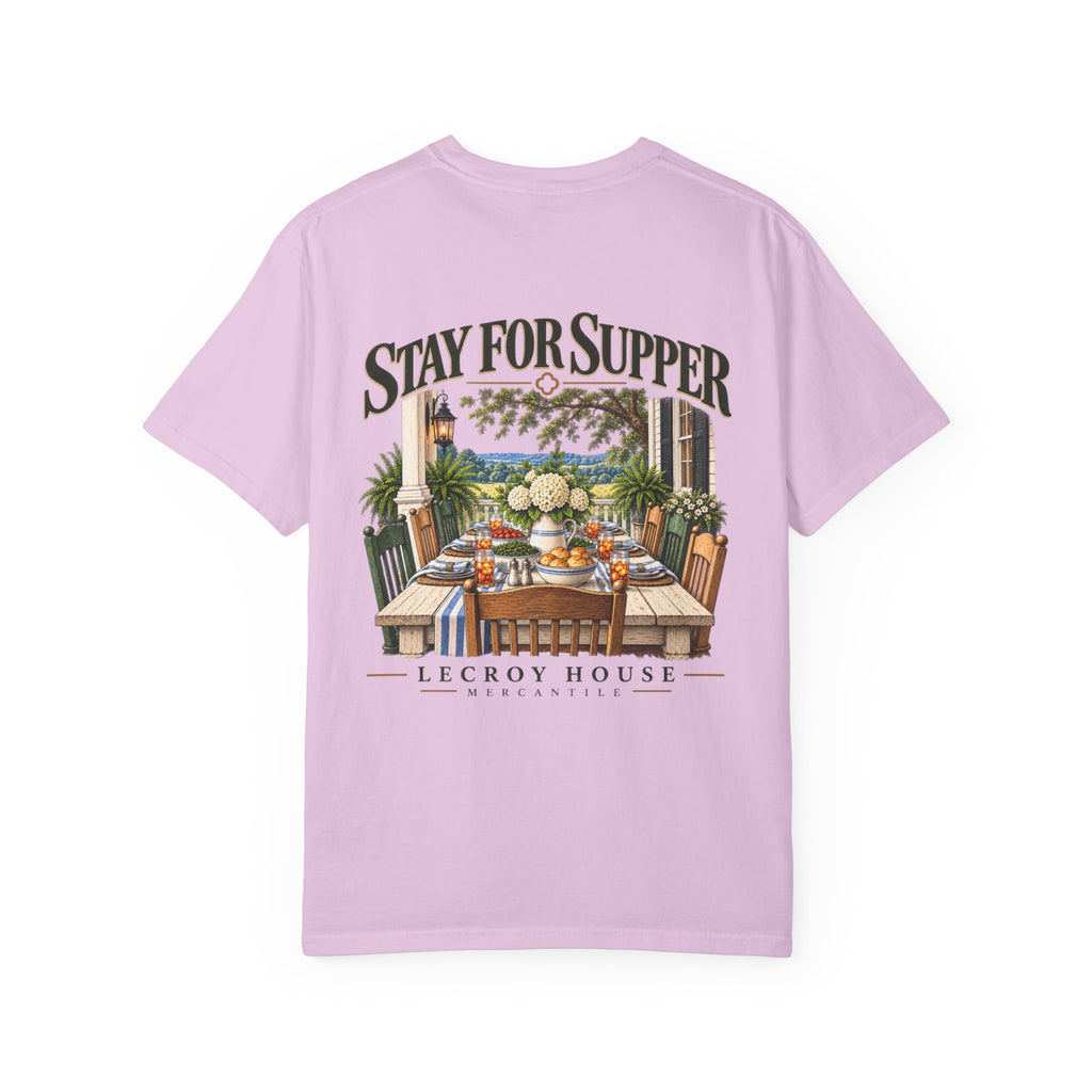 T-Shirt — "Stay For Supper" Scenic Dinner Porch Graphic