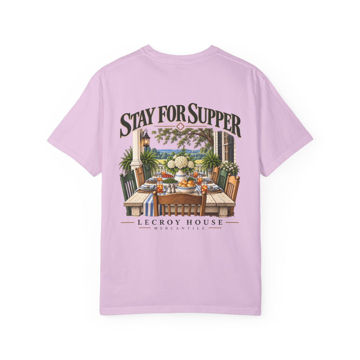 T-Shirt — "Stay For Supper" Scenic Dinner Porch Graphic