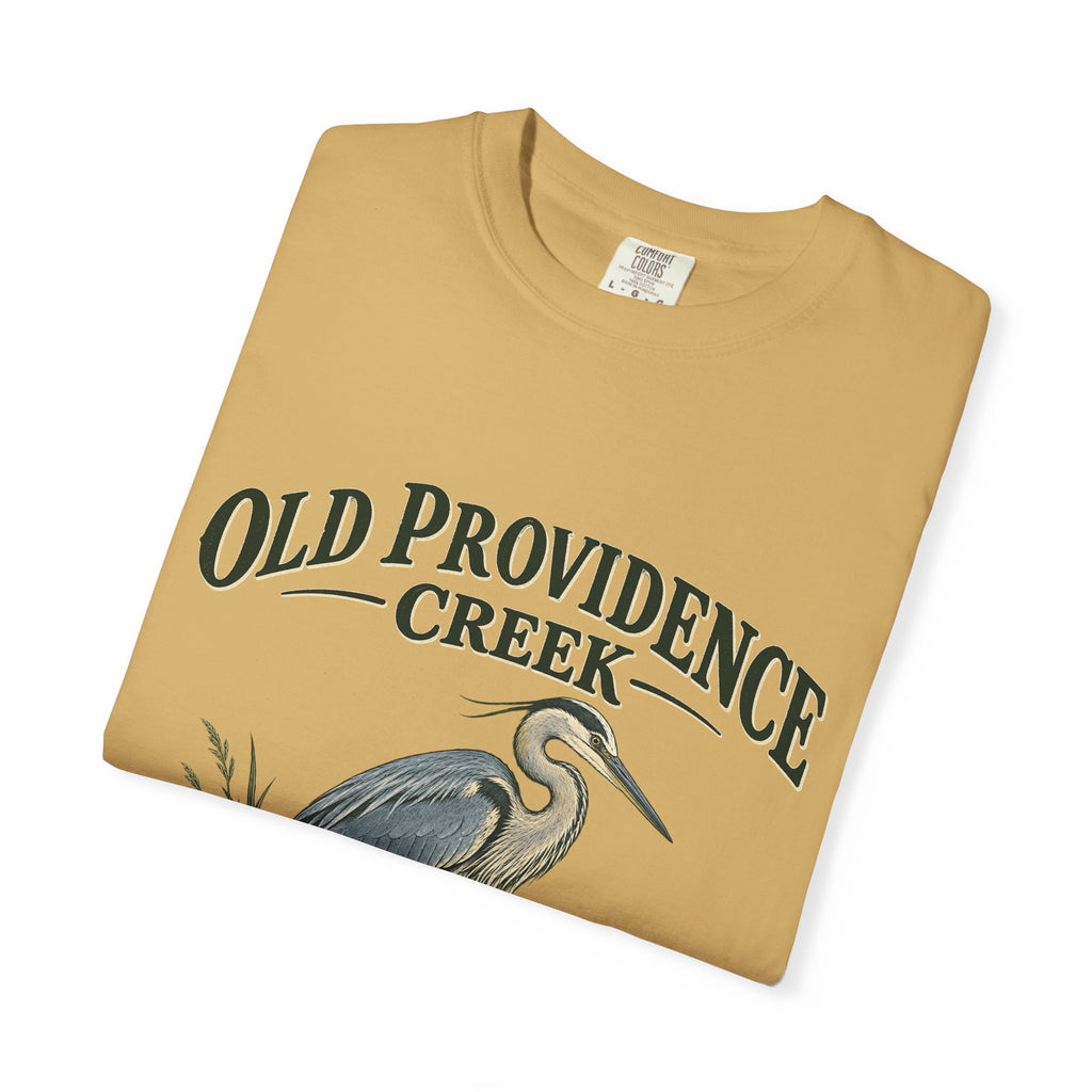 Old Providence Creek Heron T-Shirt — "Slow Down. Stay Awhile." Coastal Nature Tee