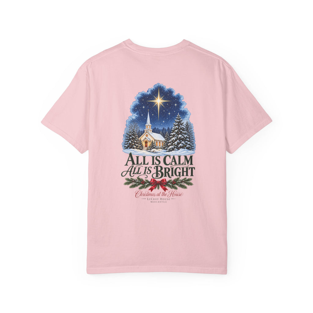 Christmas T-Shirt — "All Is Calm, All Is Bright" Church Scene Holiday Tee
