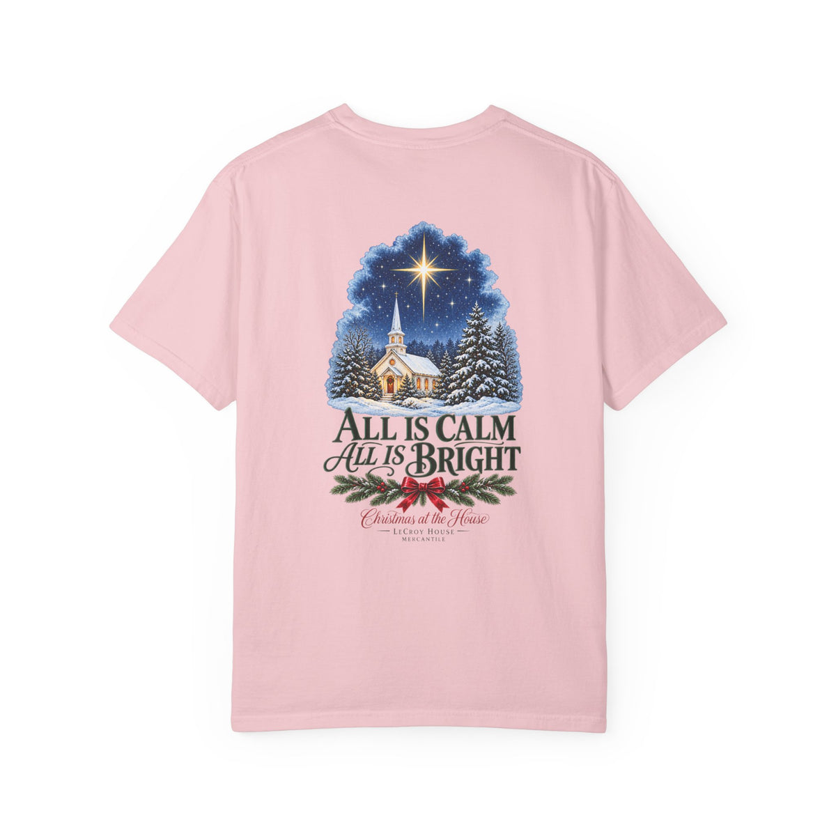 Christmas T-Shirt — "All Is Calm, All Is Bright" Church Scene Holiday Tee