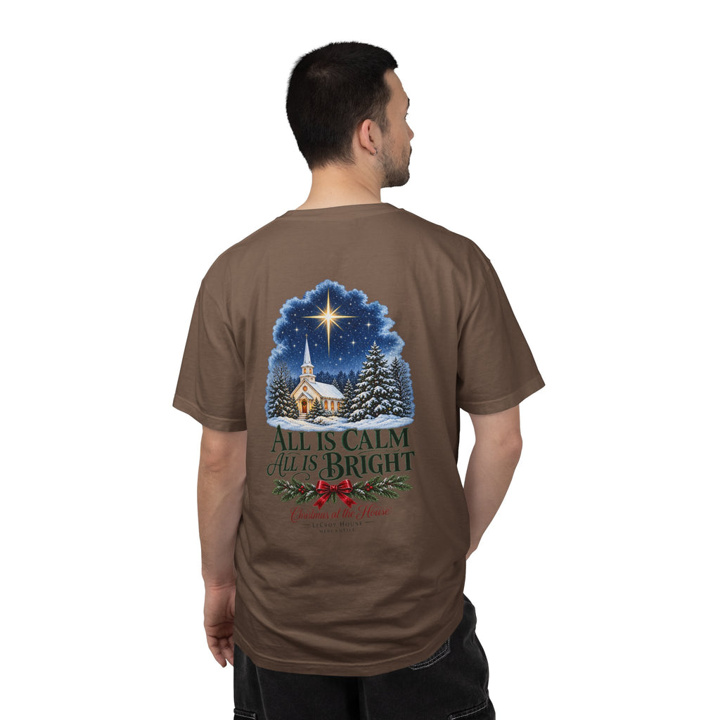 Christmas T-Shirt — "All Is Calm, All Is Bright" Church Scene Holiday Tee