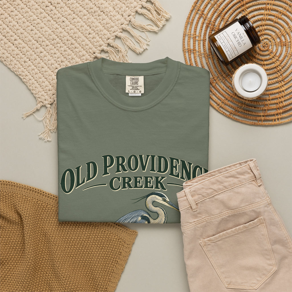 Old Providence Creek Heron T-Shirt — "Slow Down. Stay Awhile." Coastal Nature Tee