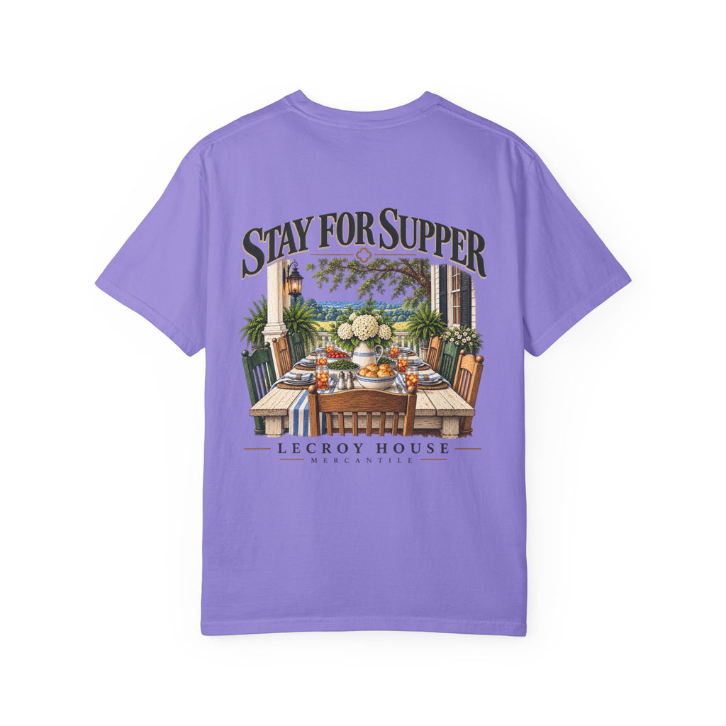 T-Shirt — "Stay For Supper" Scenic Dinner Porch Graphic