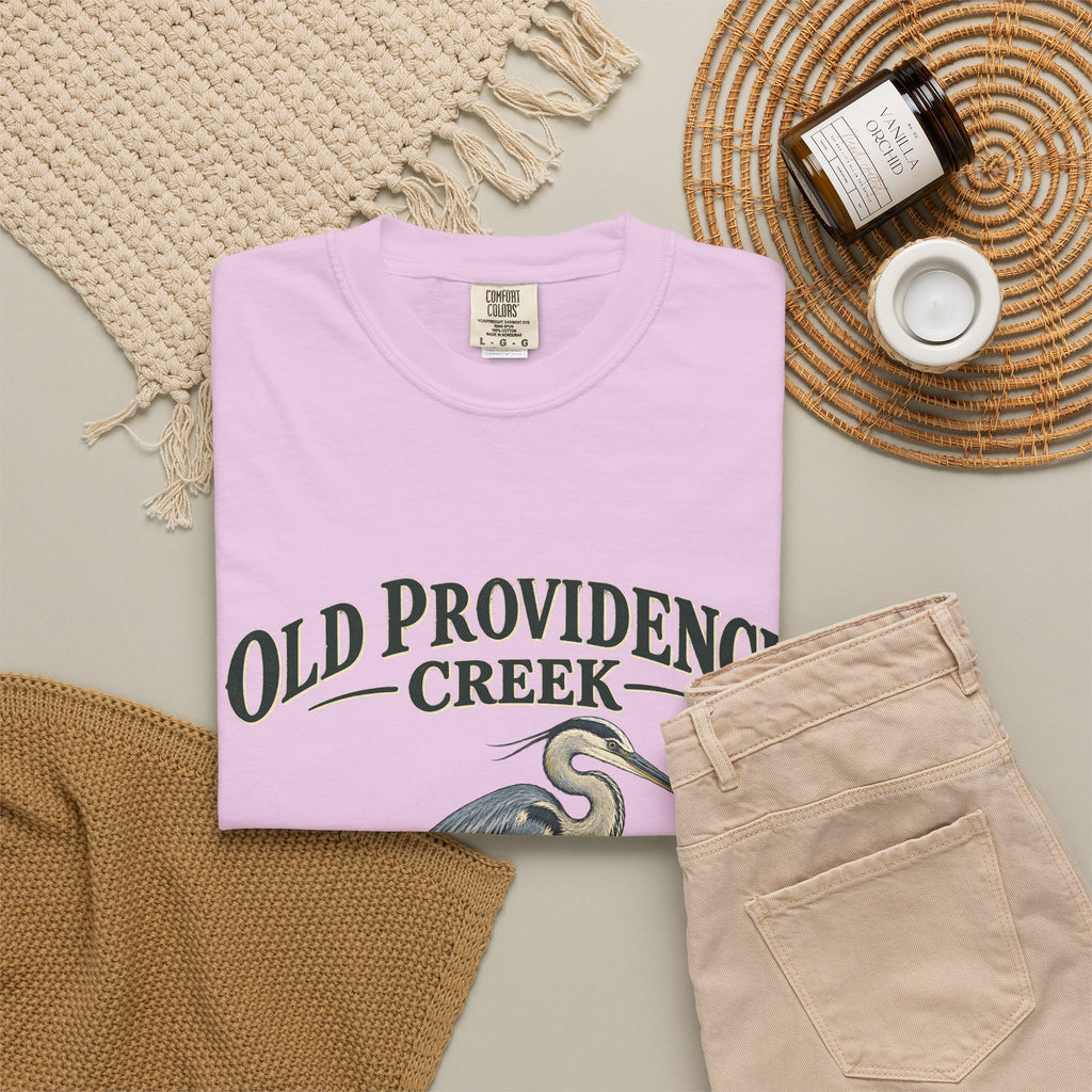 Old Providence Creek Heron T-Shirt — "Slow Down. Stay Awhile." Coastal Nature Tee
