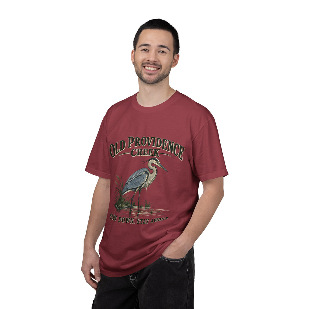 Old Providence Creek Heron T-Shirt — "Slow Down. Stay Awhile." Coastal Nature Tee