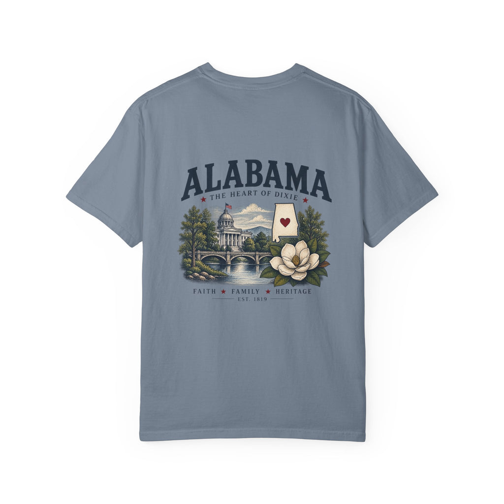 Alabama Heritage T-Shirt — State Scenic Back Print with Magnolia & Capitol