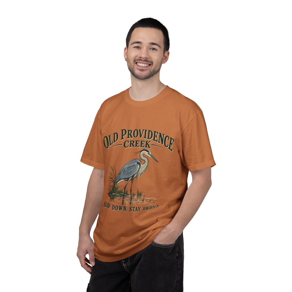 Old Providence Creek Heron T-Shirt — "Slow Down. Stay Awhile." Coastal Nature Tee