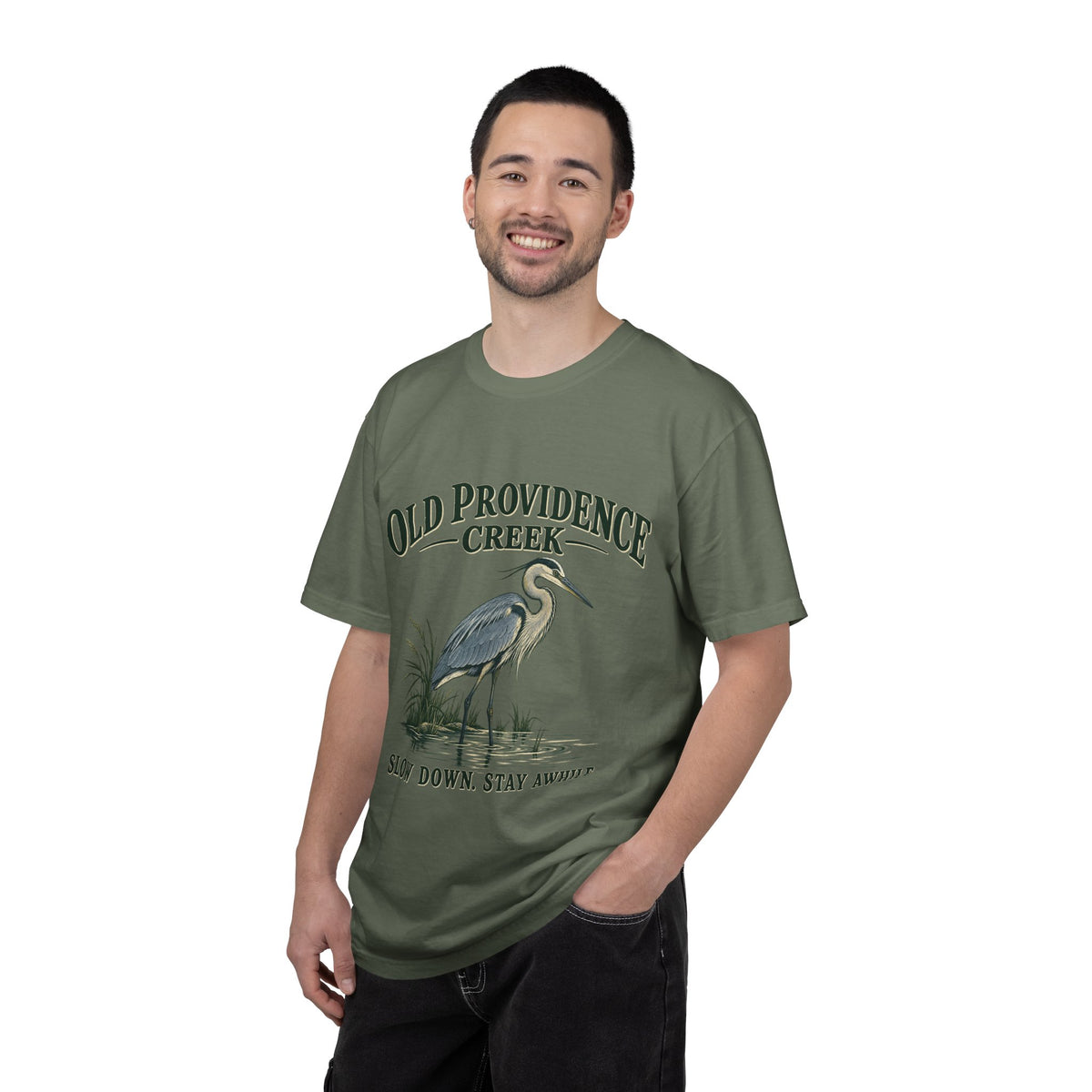 Old Providence Creek Heron T-Shirt — "Slow Down. Stay Awhile." Coastal Nature Tee