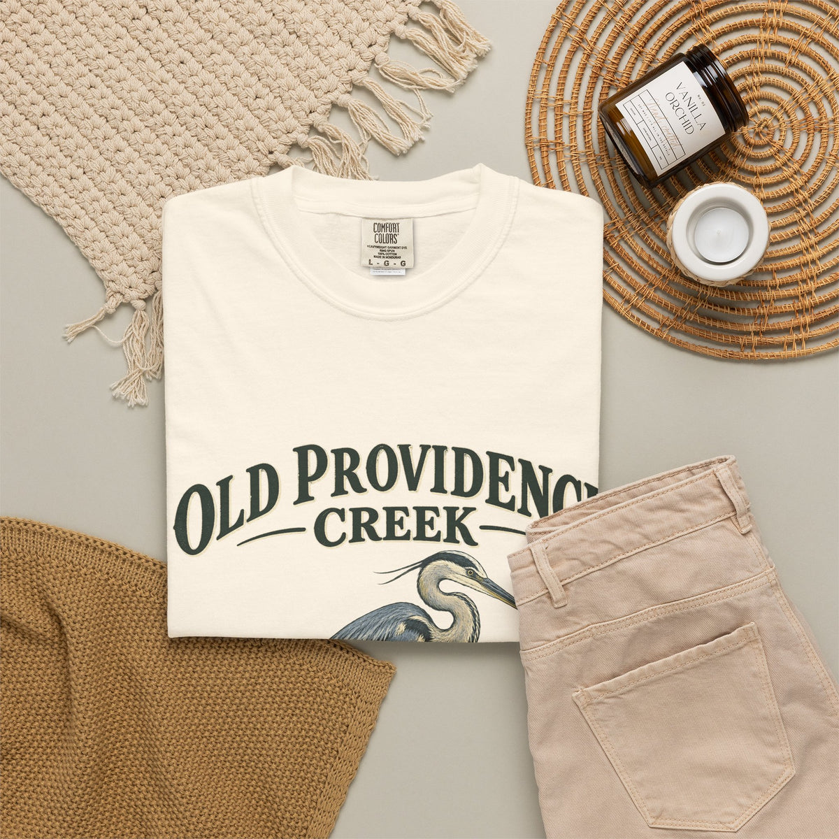 Old Providence Creek Heron T-Shirt — "Slow Down. Stay Awhile." Coastal Nature Tee