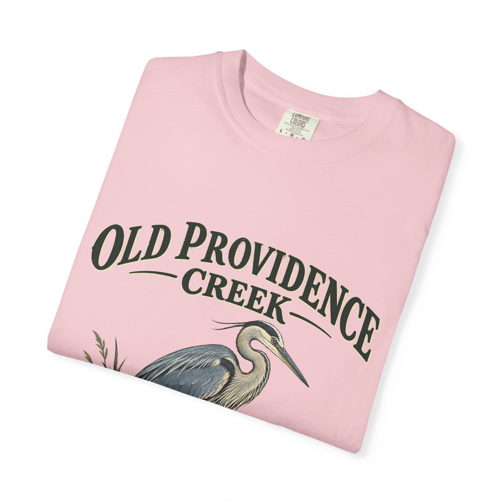 Old Providence Creek Heron T-Shirt — "Slow Down. Stay Awhile." Coastal Nature Tee