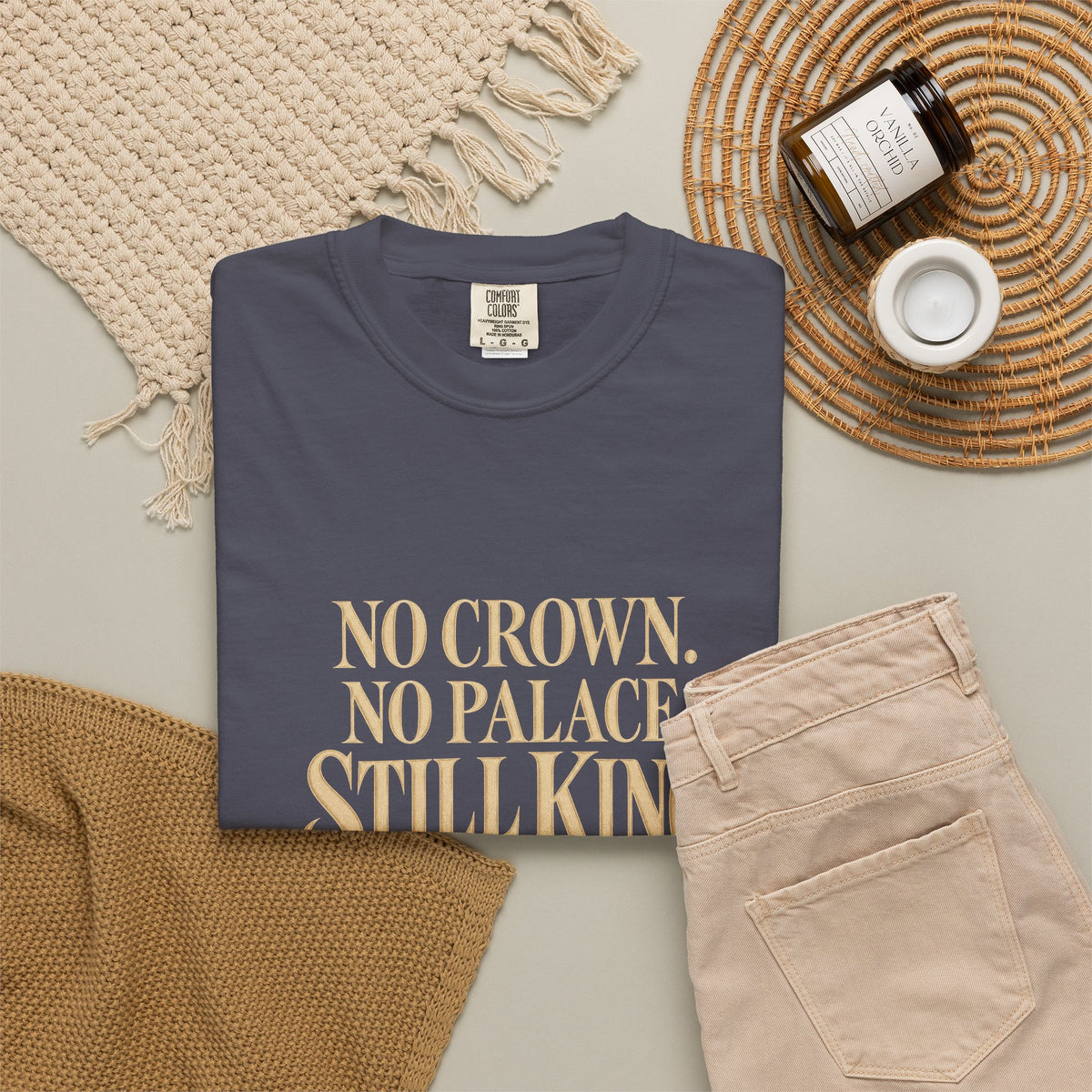 T-Shirt — "No Crown. No Palace. Still King." Inspirational Lion Graphic