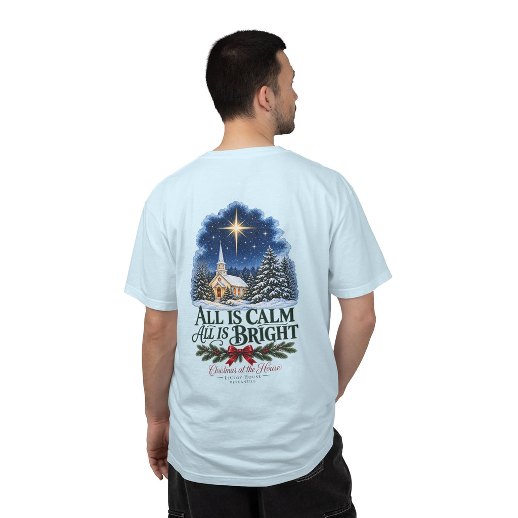 Christmas T-Shirt — "All Is Calm, All Is Bright" Church Scene Holiday Tee