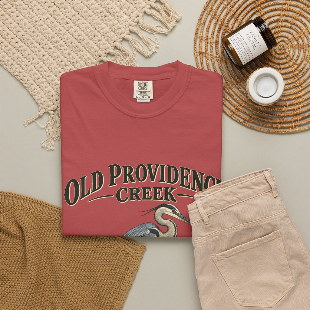 Old Providence Creek Heron T-Shirt — "Slow Down. Stay Awhile." Coastal Nature Tee
