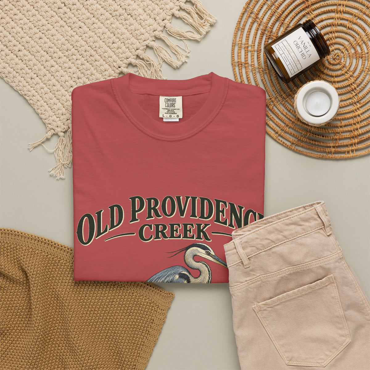 Old Providence Creek Heron T-Shirt — "Slow Down. Stay Awhile." Coastal Nature Tee