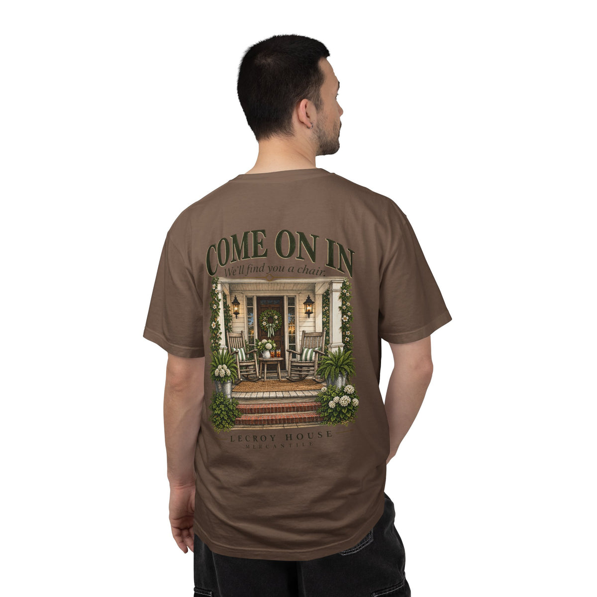 Come On In Porch T-Shirt — "Come On In, We'll Find You a Chair" Relaxed Front-Pocket Tee