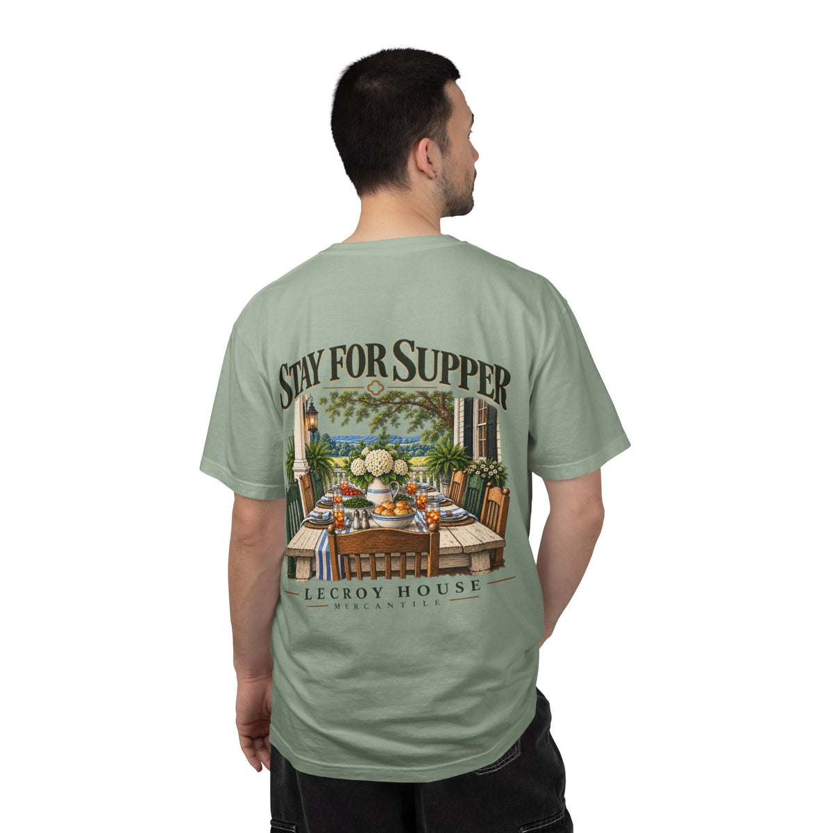 T-Shirt — "Stay For Supper" Scenic Dinner Porch Graphic