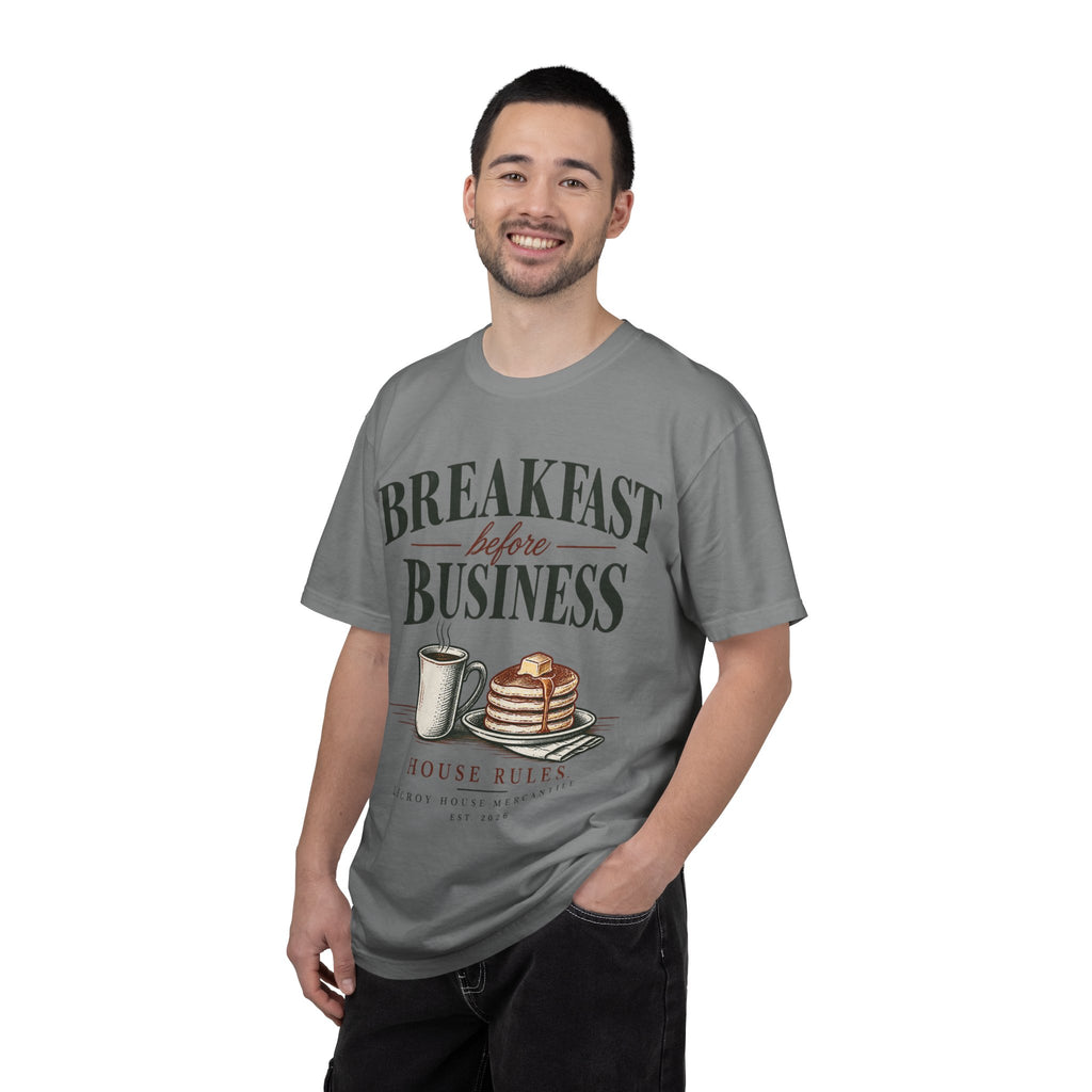 Breakfast Before Business T-Shirt — Coffee & Pancake Morning Graphic Tee