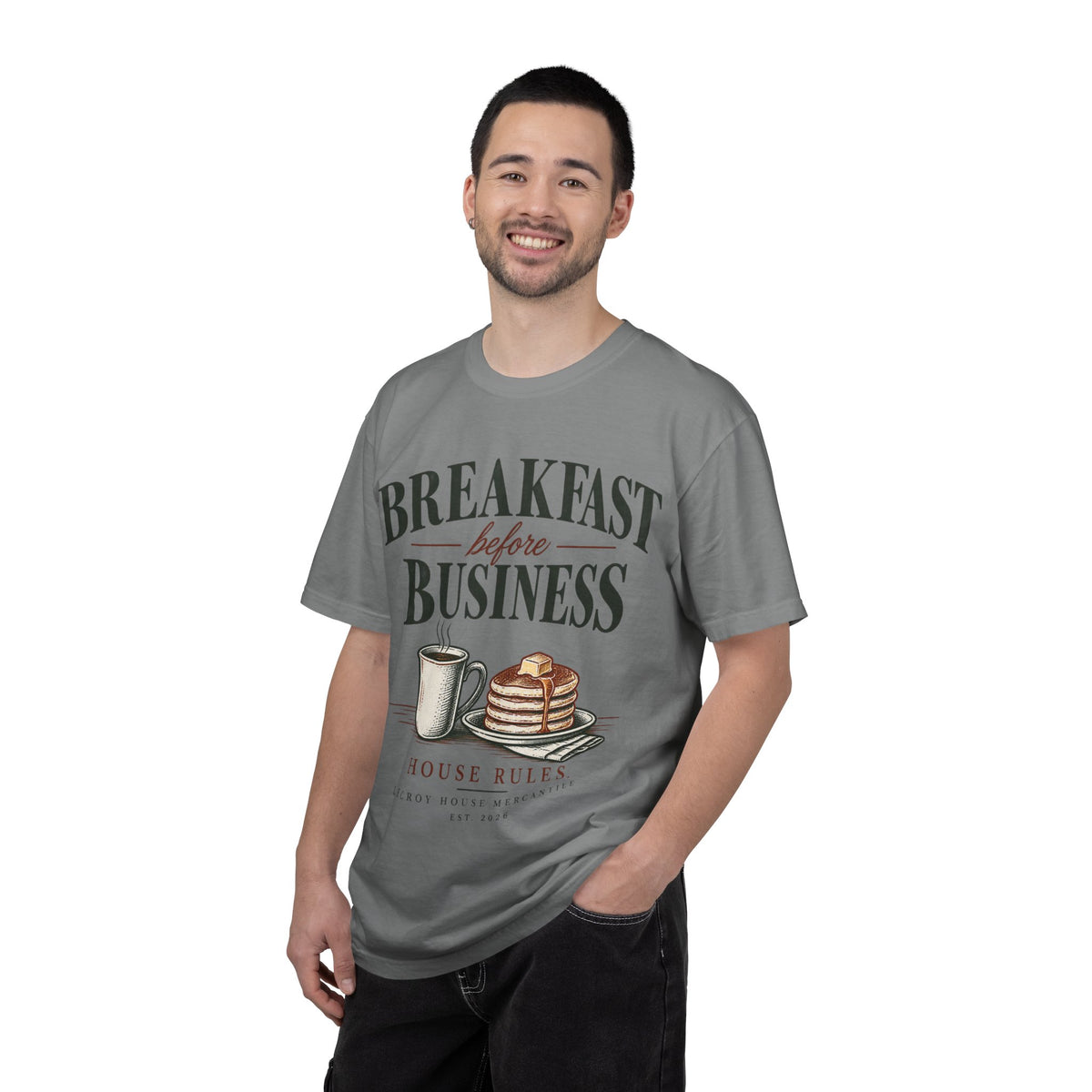 Breakfast Before Business T-Shirt — Coffee & Pancake Morning Graphic Tee