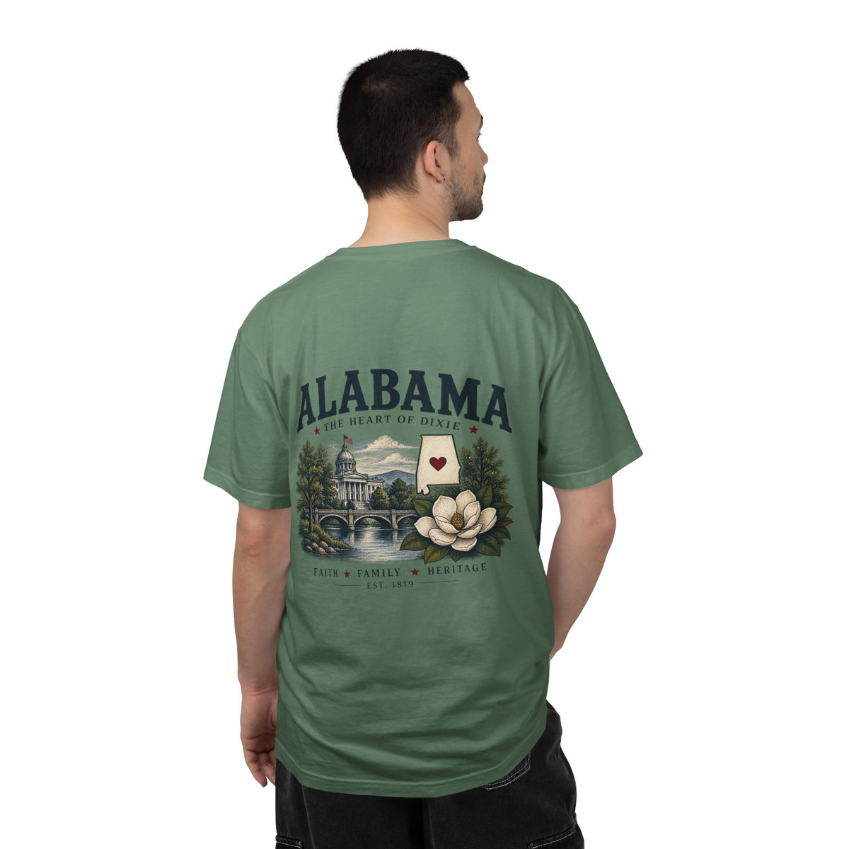 Alabama Heritage T-Shirt — State Scenic Back Print with Magnolia & Capitol