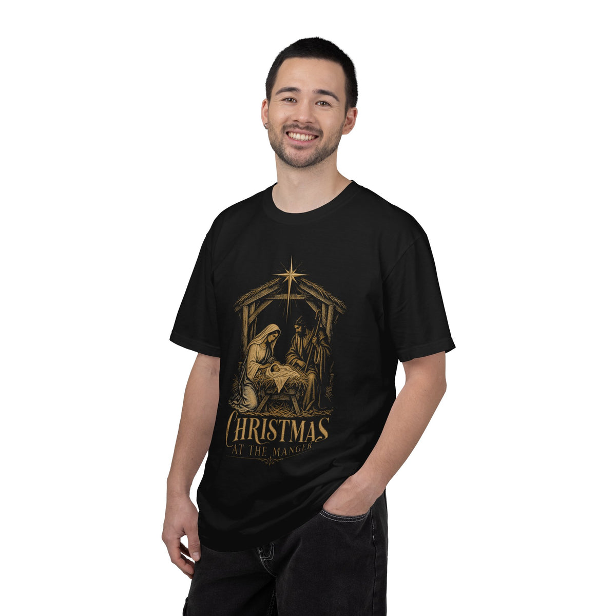 Nativity Christmas T-Shirt — "Christmas at the Manger" Religious Holiday Tee