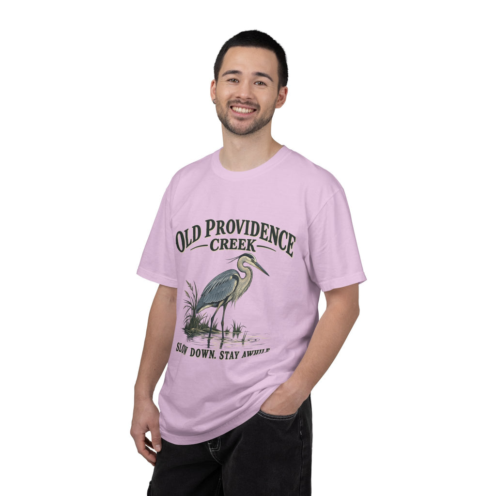 Old Providence Creek Heron T-Shirt — "Slow Down. Stay Awhile." Coastal Nature Tee