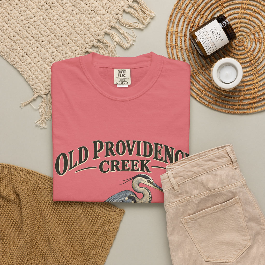 Old Providence Creek Heron T-Shirt — "Slow Down. Stay Awhile." Coastal Nature Tee