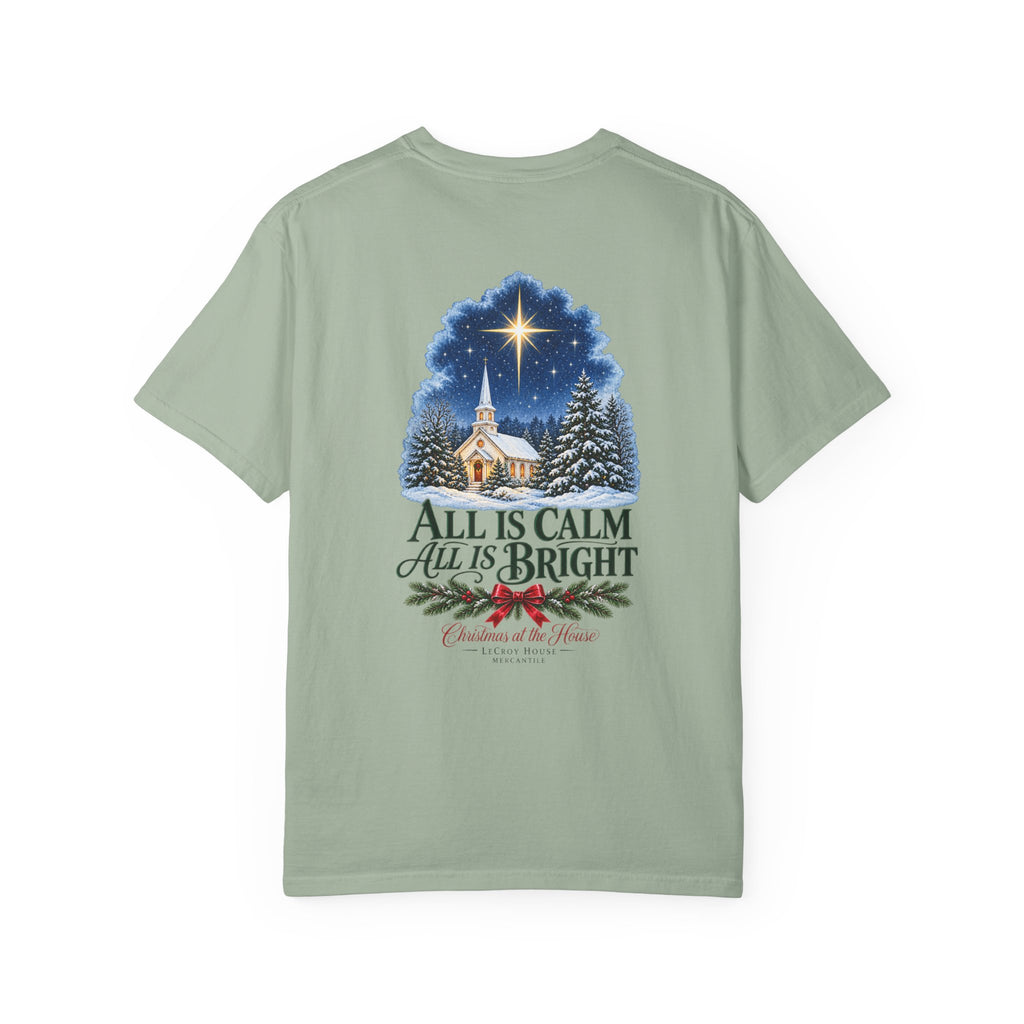 Christmas T-Shirt — "All Is Calm, All Is Bright" Church Scene Holiday Tee