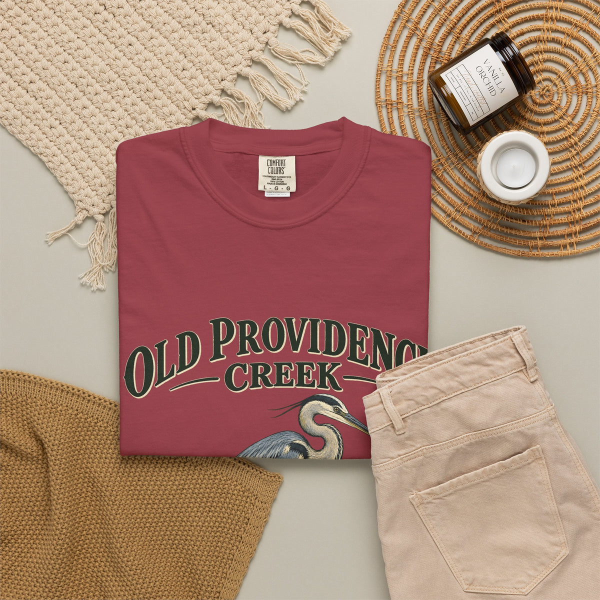 Old Providence Creek Heron T-Shirt — "Slow Down. Stay Awhile." Coastal Nature Tee