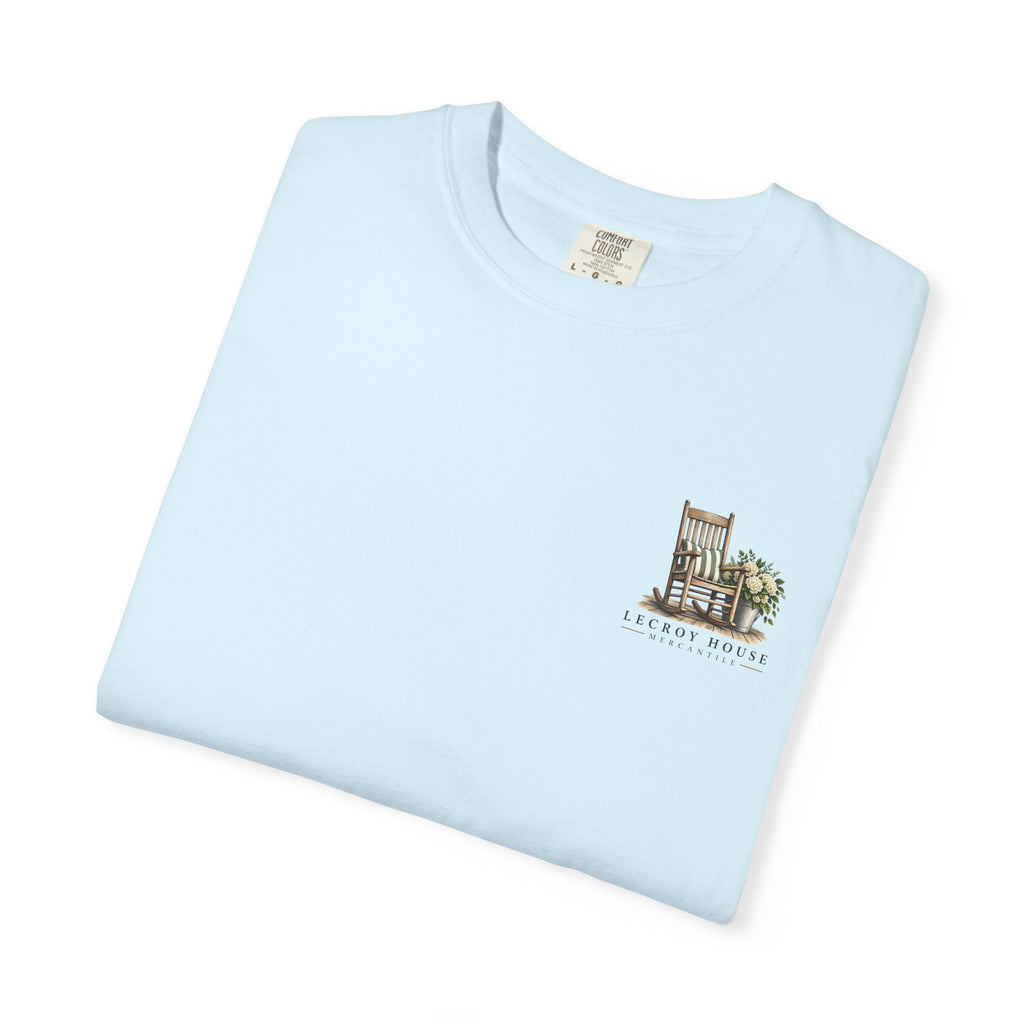 Come On In Porch T-Shirt — "Come On In, We'll Find You a Chair" Relaxed Front-Pocket Tee