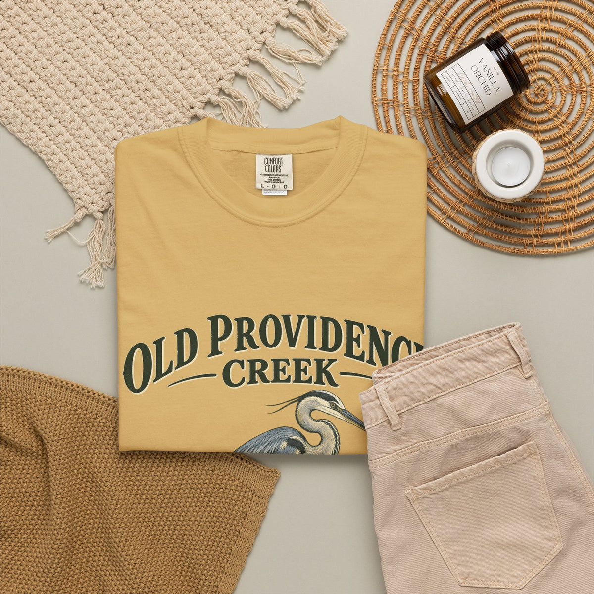 Old Providence Creek Heron T-Shirt — "Slow Down. Stay Awhile." Coastal Nature Tee