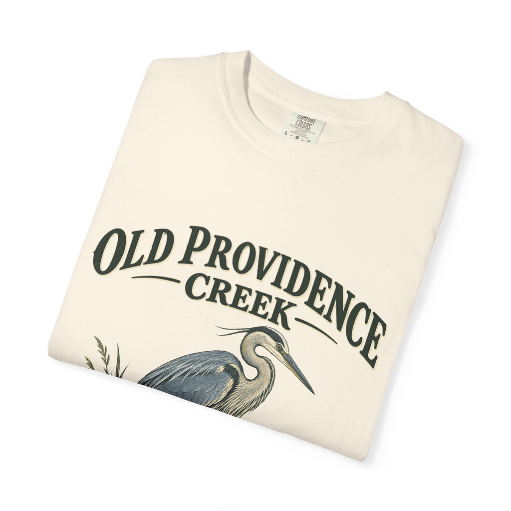 Old Providence Creek Heron T-Shirt — "Slow Down. Stay Awhile." Coastal Nature Tee