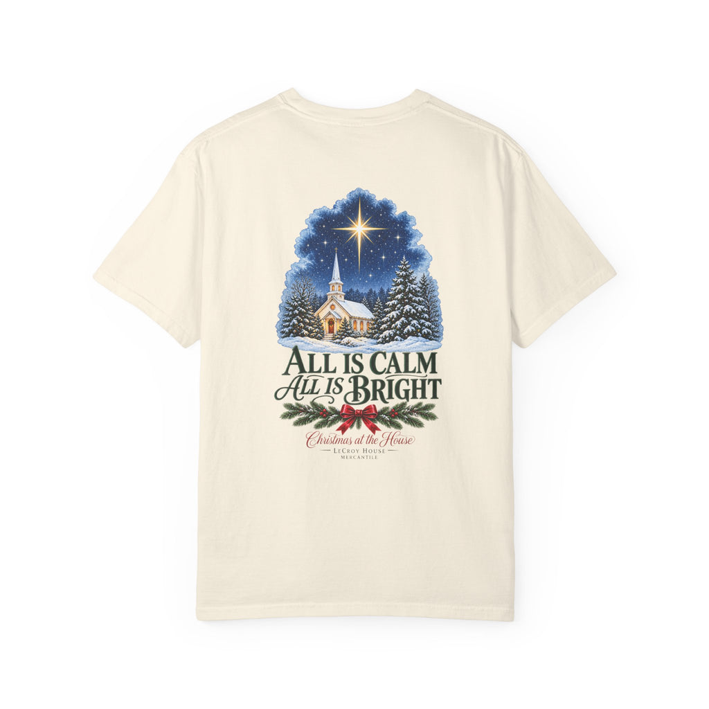 Christmas T-Shirt — "All Is Calm, All Is Bright" Church Scene Holiday Tee